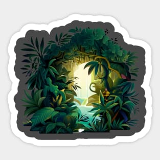 A design featuring a lush jungle scene with a hidden oasis tucked away within it. Sticker